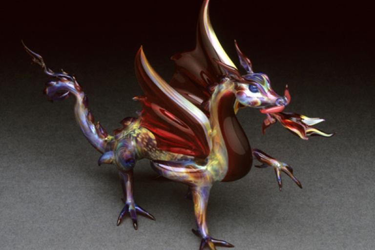 Colorful glass dragon by artist Suellen Fowler