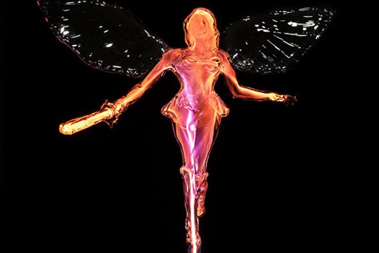 Sculpture by Angela McHale of a woman with wings holding a sword that has been illuminated with plasma