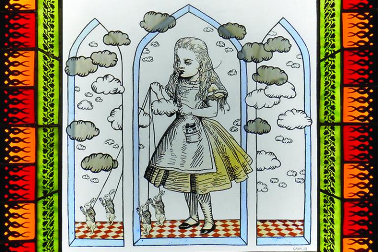 Stained panel of Alice in Wonderland by Joseph Cavalieri